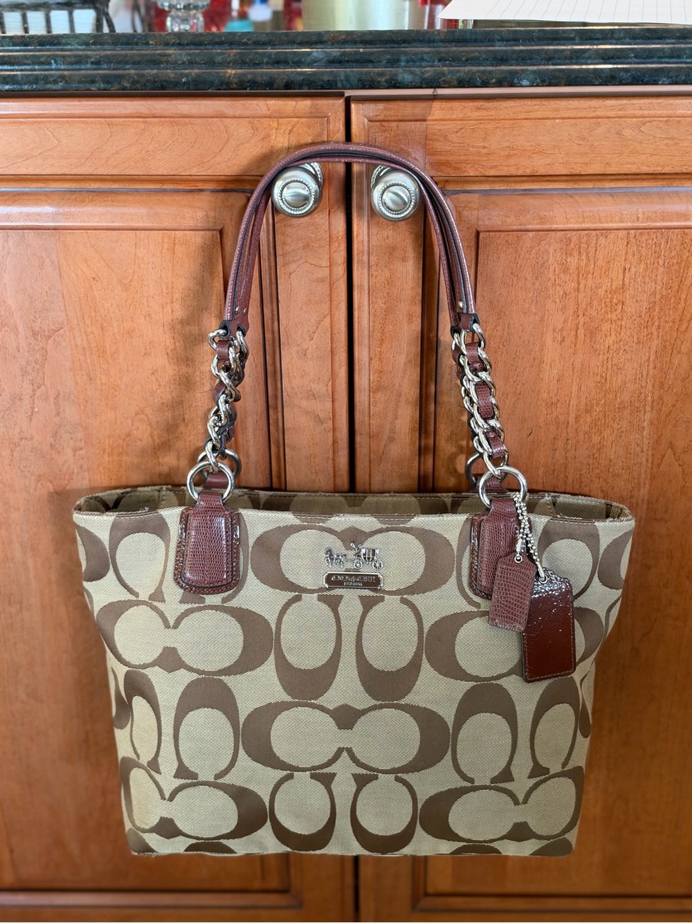 Coach Beige & Brown Signature Canvas Chain-Handle Tote